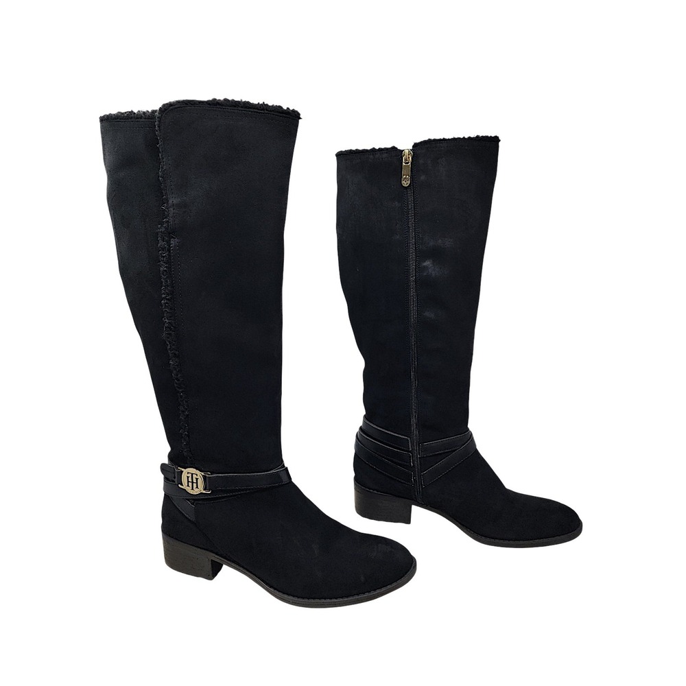 Tommy Hilfiger Riding Boot 9 Black Faux Suede Fur Gold Medallion Equestrian 1.5"